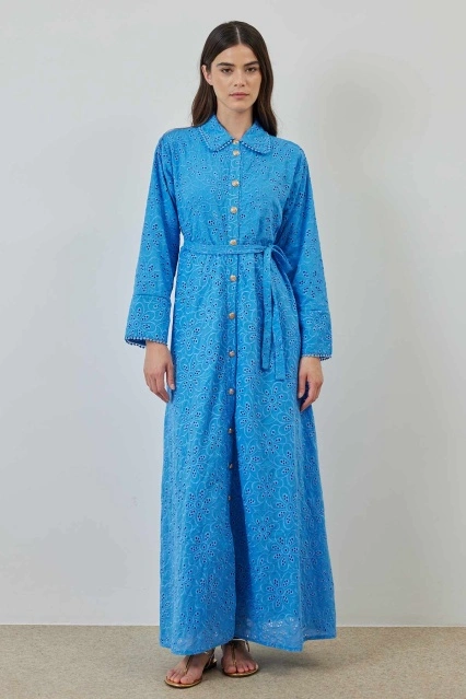 Gold Düğmeli Brode Mavi Elbise