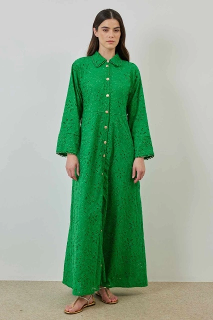 Gold Düğmeli Yeşil Brode Elbise