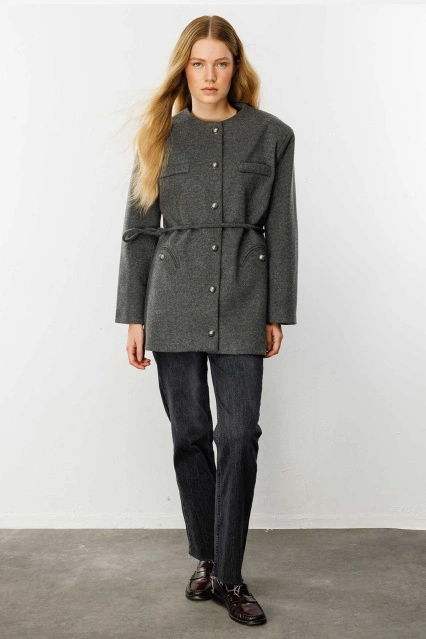 Gold Metal Düğmeli Kaşe Antrasit Blazer Ceket