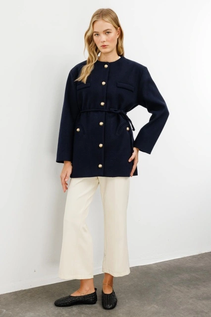 Gold Metal Düğmeli Kaşe Lacivert Blazer Ceket