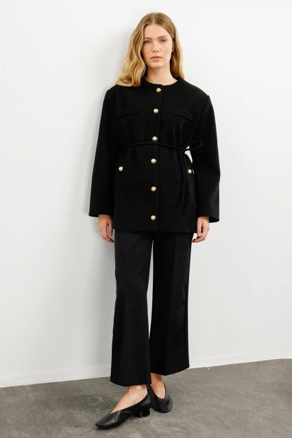 Gold Metal Düğmeli Kaşe Siyah Blazer Ceket