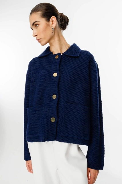 Gömlek Yaka Düğmeli Lacivert Hırka