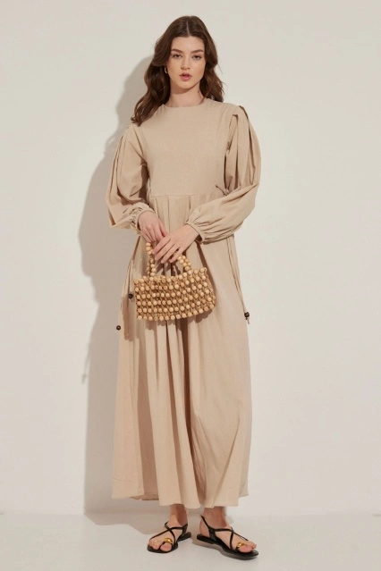 Yandan Bağlamalı Sütlü Kahve Keten Elbise