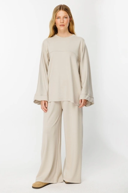 İspanyol Kol Pamuklu Bej Sweatshirt