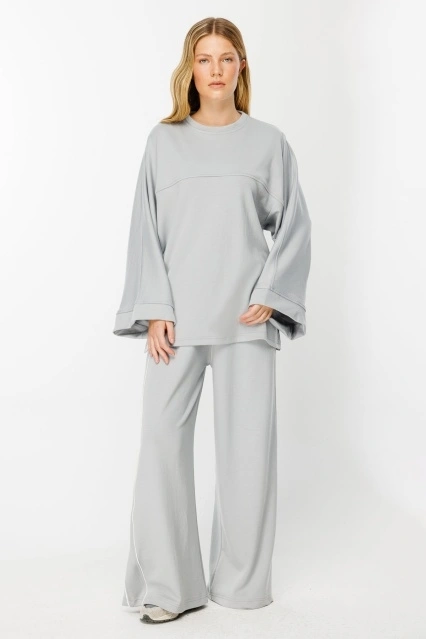 İspanyol Kol Pamuklu Gri Sweatshirt