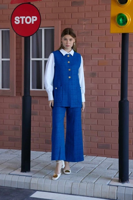 İspanyol Paça Tüvit Saks Mavisi Pantolon