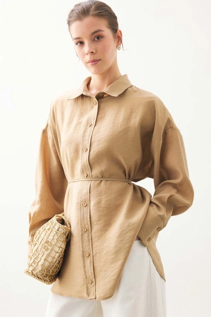 Kalın Manşetli Basic Camel Gömlek