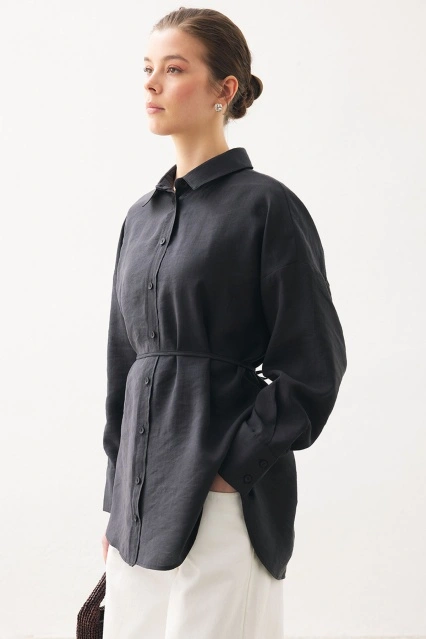 Kalın Manşetli Basic Siyah Gömlek