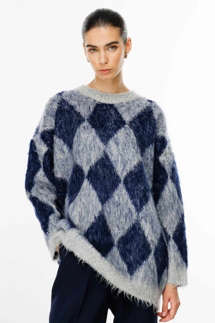 Karo Desenli Gri Kazak