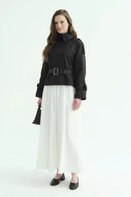 Kemerli Kısa Siyah Trençkot