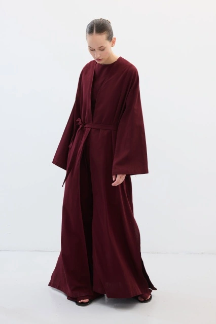 Kemerli Uzun Kimono Bordo Pantolon Takım