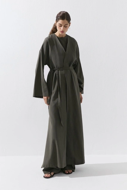 Kemerli Uzun Kimono Haki Pantolon Takım