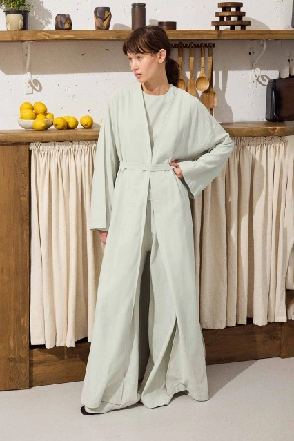 Kemerli Uzun Kimono Mint Yeşili Pantolon Takım