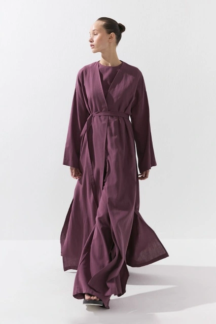 Kemerli Uzun Kimono Mürdüm Pantolon Takım