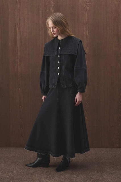 Kesik Parçalı Denim Antrasit Etek