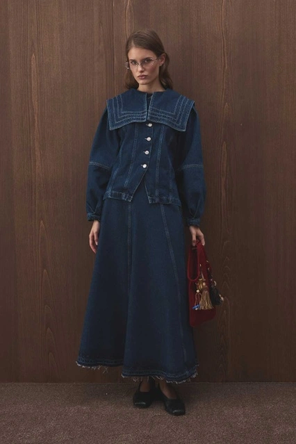 Kesik Parçalı Denim Kot Mavi Etek