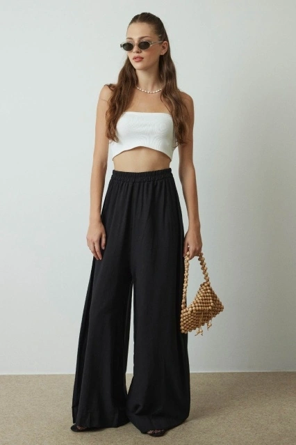 Keten Bol Paça Siyah Pantolon