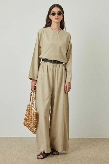 Keten Bol Paça Vizon Pantolon Keten Bol Paça Vizon Pantolon