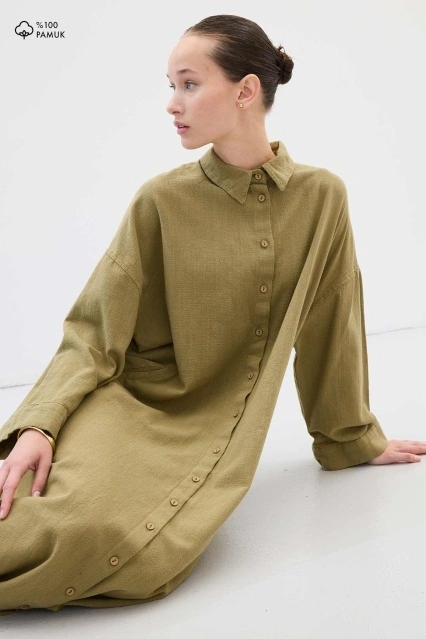 Keten Dokulu Haki Gömlek Elbise Keten Dokulu Haki Gömlek Elbise