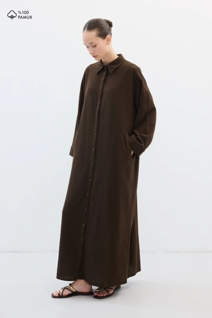 Keten Dokulu Kahve Gömlek Elbise Keten Dokulu Kahve Gömlek Elbise