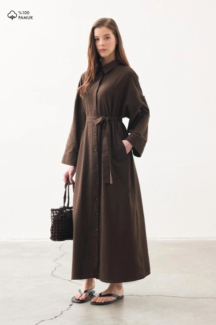 Keten Dokulu Kahve Gömlek Elbise