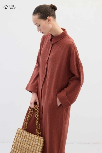 Keten Dokulu Kiremit Gömlek Elbise Keten Dokulu Kiremit Gömlek Elbise