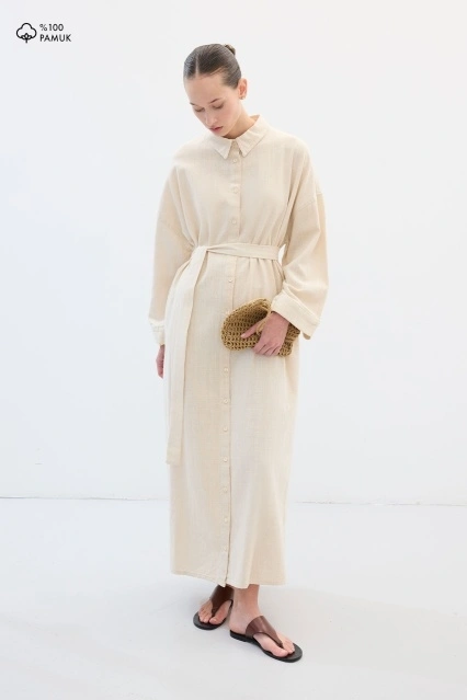 Keten Dokulu Naturel Gömlek Elbise Keten Dokulu Naturel Gömlek Elbise