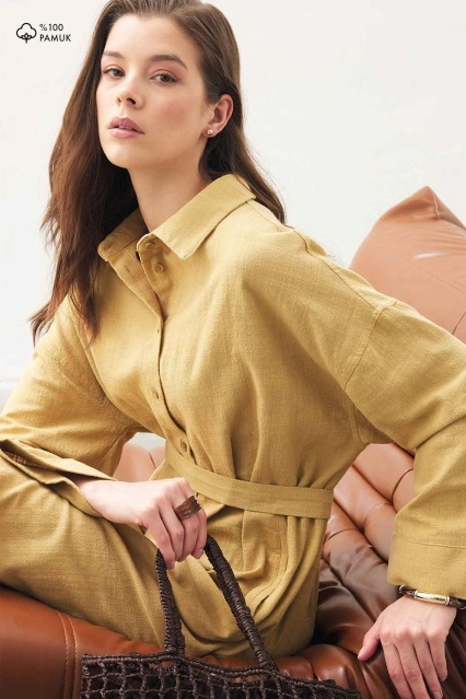 Keten Dokulu Safran Gömlek Elbise