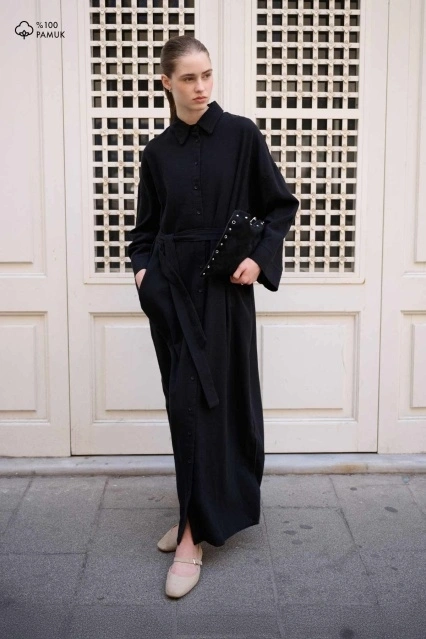 Keten Dokulu Siyah Gömlek Elbise Keten Dokulu Siyah Gömlek Elbise