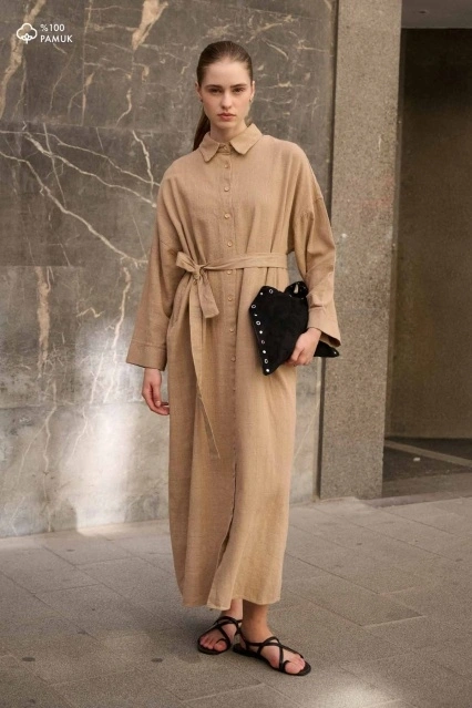 Keten Dokulu Vizon Gömlek Elbise Keten Dokulu Vizon Gömlek Elbise