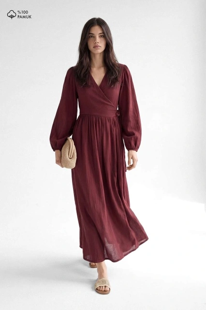Kimono Kapama Uzun Müslin Bordo Elbise