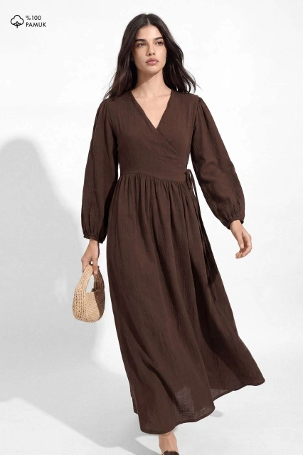 Kimono Kapama Uzun Müslin Çikolata Elbise