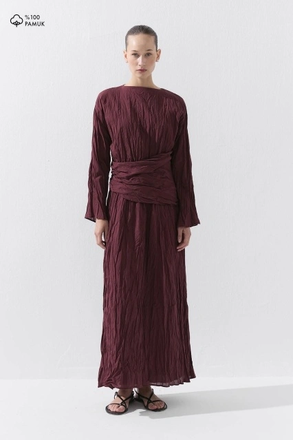 Kırışık Görünümlü Pamuklu Vual Bordo Elbise Kırışık Görünümlü Pamuklu Vual Bordo Elbise