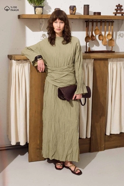 Kırışık Görünümlü Pamuklu Vual Haki Elbise