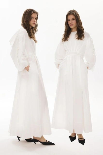 Kolları İp Bağlama Detaylı Beyaz Elbise