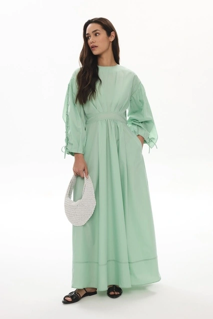 Kolları İp Bağlama Detaylı Mint Yeşili Elbise