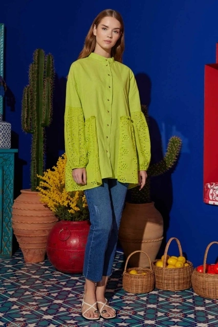 Kolları Pile Detaylı Mix Yeşil Gömlek