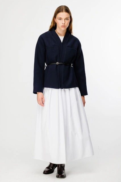 Kontrast Deri Kemerli Lacivert Ceket