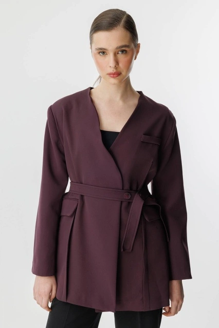 Kontrast Dikişli Bordo Ceket