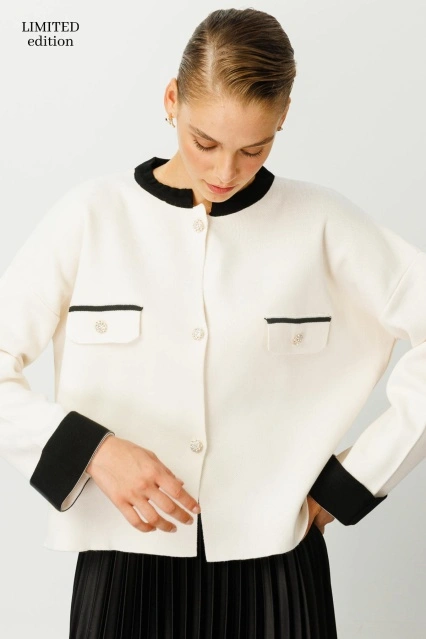 Kontrast Şerit Detaylı Triko Ceket - Krem