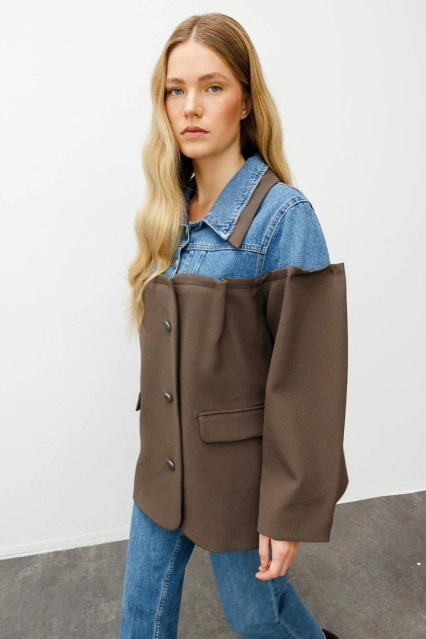 Kot Detaylı Koyu Haki Blazer Ceket