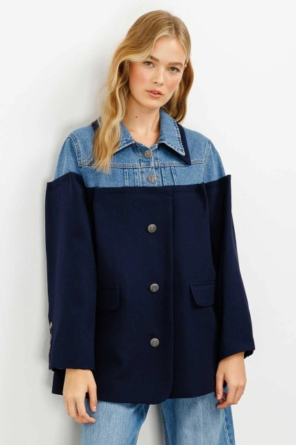 Kot Detaylı Lacivert Blazer Ceket