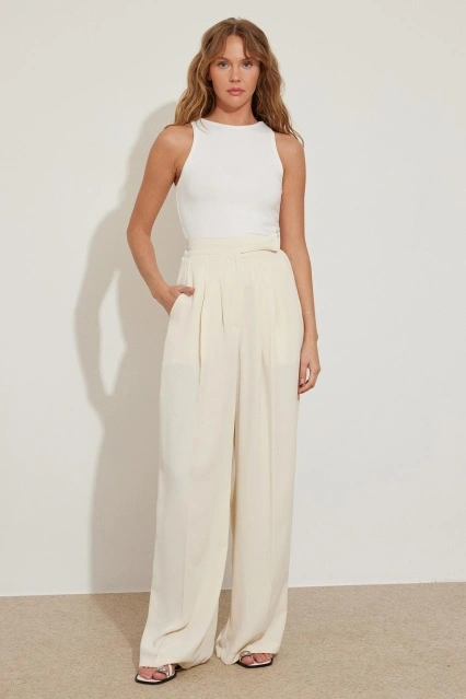 Krep Palazzo Ekru Pantolon
