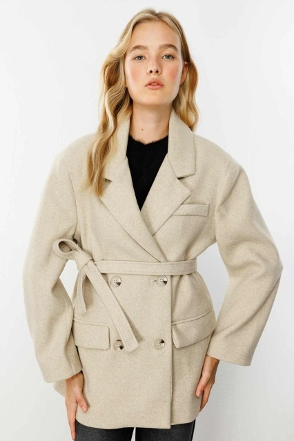 Kruvaze Kapamalı Kaşe Bej Blazer Ceket