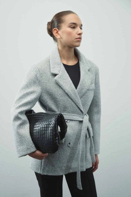 Kruvaze Kapamalı Kaşe Blazer Gri Ceket