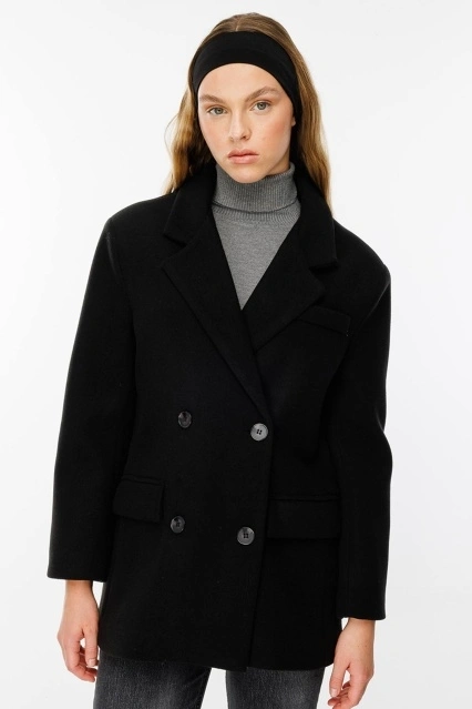 Kruvaze Kapamalı Kaşe Siyah Blazer Ceket