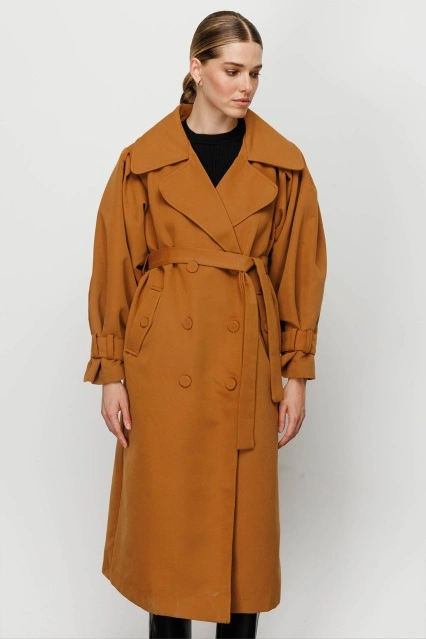 Kruvaze Kaplama Düğmeli Kahve Trençkot
