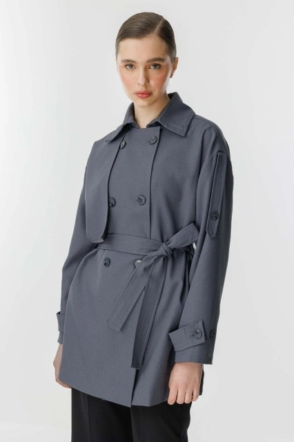 Kruvaze Oversize Kısa Antrasit Trençkot