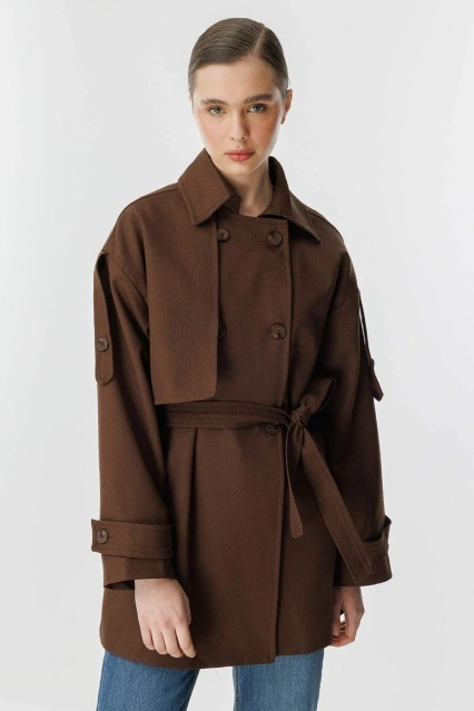 Kruvaze Oversize Kısa Kahve Trençkot