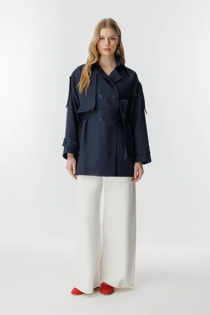 Kruvaze Oversize Kısa Lacivert Trençkot